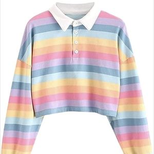 Pastel Rainbow Striped Crop Long Sleeve Polo
